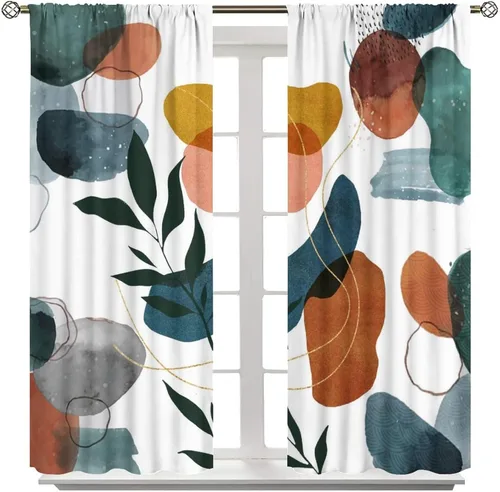 Miniatura 8 de Cortinas opacas de arte abstracto de mediados de siglo para dormitorio, cortinas modernas de estilo bohemio con hojas geométricas florales, cortinas
