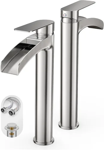 Miniatura 11 de Phiestina Grifo Alto de Lavabo Vessel para Baño Negro Mate, Cascada de Un Solo Orificio con Una Sola Manija para Lavabo Sobre Encimera, con Desagüe