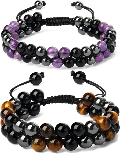 Paquete de 2 pulseras de triple protección, obsidiana negra y hematita genuina de ojo de tigre y cuentas de hematita para hombres y mujeres, hechas