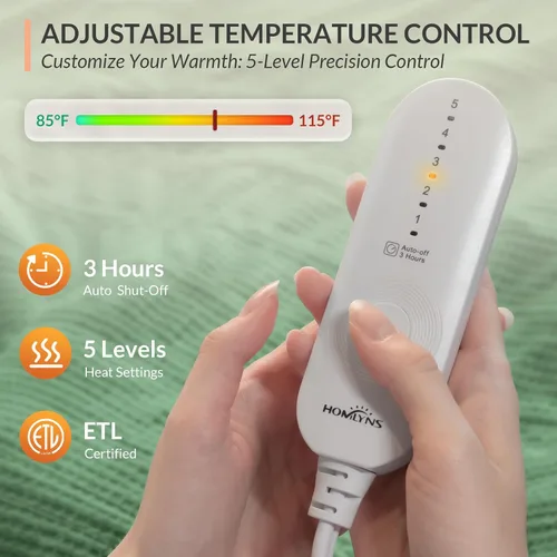 Miniatura 3 de Manta calefactora HOMLYNS LuxeHeat, suave franela sherpa, manta eléctrica con 5 ajustes de calor, calentamiento rápido, manta calefactora