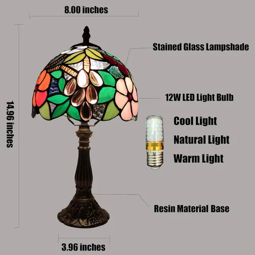 Miniatura 5 de Lámpara de Mesa Tiffany de 3 Vías Estilo Tiffany Lámpara de Escritorio Pequeña Lámpara de Vidrio Emplomado Luz Antigua Lámpara de Mesita de Noche