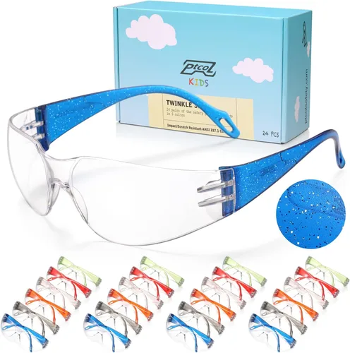 Gafas de Seguridad para Niños Paquete de 24, Resistentes a Rayones e Impactos, Gafas de Seguridad con Lente Transparente Marco de Colores 6 colores