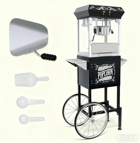 Miniatura 8 de Máquina de palomitas de maíz con carrito, con ruedas, cuchara de aceite de acero inoxidable, carrito móvil con taquillas para cine en casa Negro