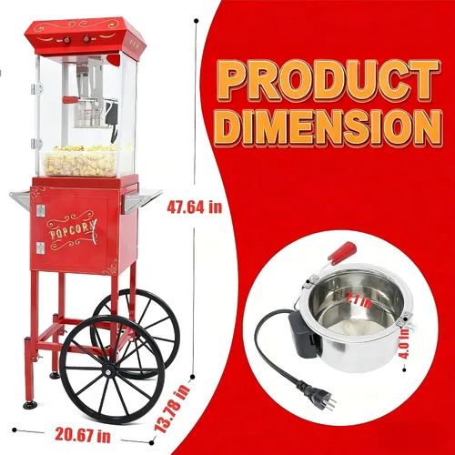 Miniatura 7 de Máquina de palomitas de maíz con hervidor de 9 onzas, cocina de maíz de acero inoxidable, máquina de maíz pop con carrito retro vintage y ruedas