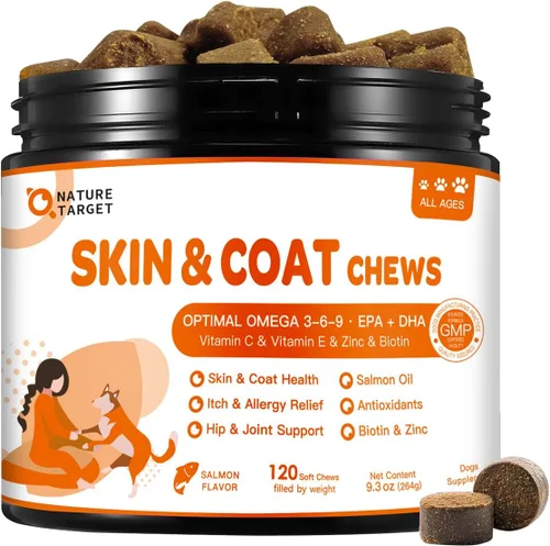 NATURE TARGET Aceite de pescado Omega 3 para perros, suplemento para la piel y el pelaje de aceite de salmón para perros, alivio de la picazón en la