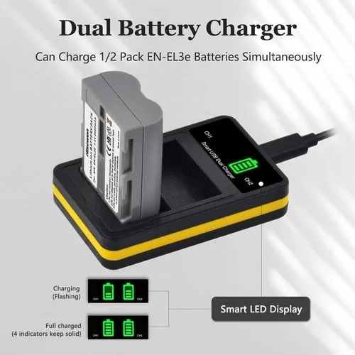 Miniatura 5 de EN-EL3e - Paquete de 2 baterías de 2600 mAh y cargador USB dual para cámaras réflex digitales Nikon D50, D70, D80, D90, D100, D200, D300, D300S, D700
