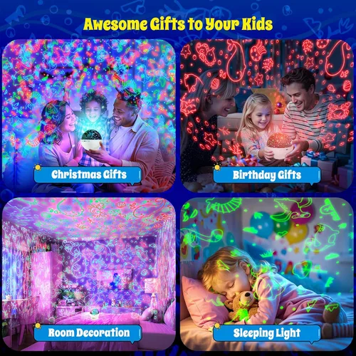 Miniatura 8 de Proyector de luz nocturna, luz nocturna para habitación de niños con control remoto y temporizador, rotación de 360°, 3 películas de proyección, 18
