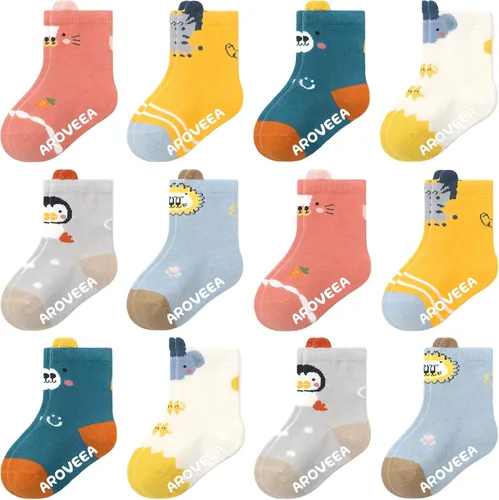 Miniatura 31 de Calcetines con Agarre Antideslizantes de Algodón para Bebés y Niños Pequeños, Niños y Niñas, Paquete de 12 Calcetines de Tobillo Lindos para Niños