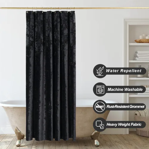 Miniatura 4 de TAMGHO Cortina de ducha negra para baño, lujosa cortina de ducha de terciopelo aplastado negro, juego de cortina de ducha oscura con ganchos