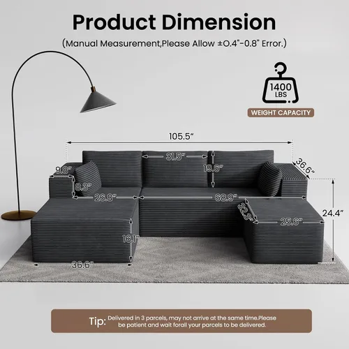 Miniatura 2 de Sofás seccionales sin hueso de 106 pulgadas para sala de estar, sofá modular en forma de U con asiento profundo, otomana extraíble, sofá de 4 plazas
