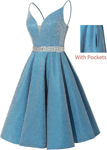 Miniatura 2 de Yexinbridal Vestido corto de satén con tirantes delgados, cuello en V, con cuentas, para fiesta de noche