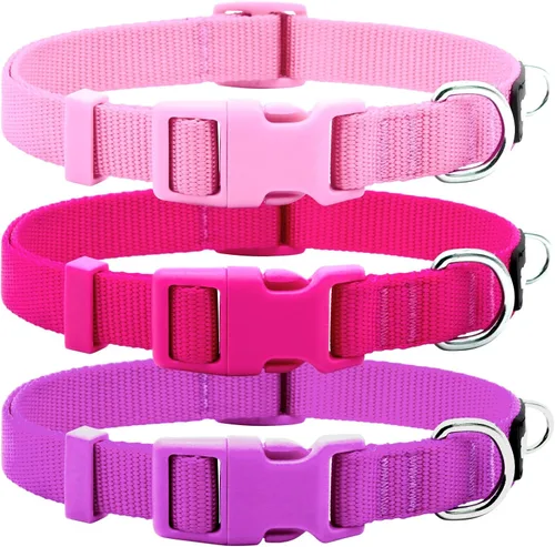 azuza Paquete de 3 collares de perro cómodos y ajustables de nailon para perros pequeños, S (11-16 pulgadas), rosa, rosa intenso y morado 2#3 Pack