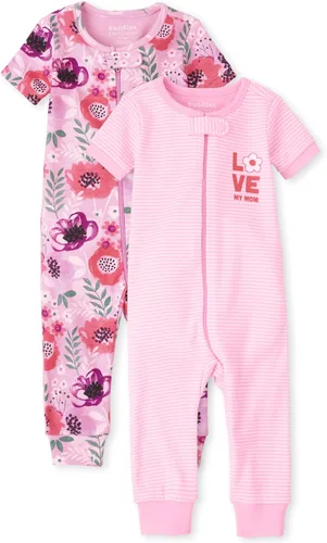 The Children's Place Pijama de una pieza con pies y cremallera frontal de algodón con estampado floral y estampado floral para niñas (2 unidades)