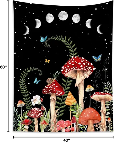 Miniatura 9 de HVEST Tapiz de hongos para colgar en la pared, tapiz bohemio de plantas y mariposas, noche con fase lunar y estrella, decoración de pared