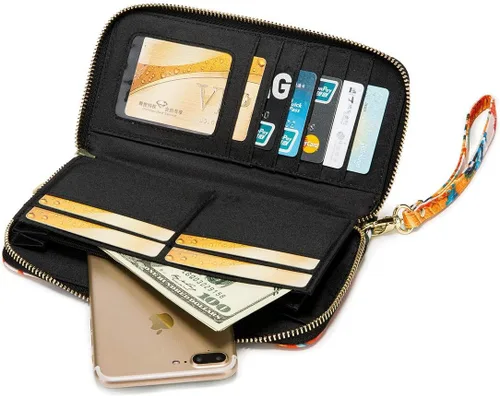 Miniatura 137 de Cartera de mano para mujer, estilo bohemio, con RFID, elegante, espaciosa con correa para viajes, capacidad para tarjetas, teléfono, dinero