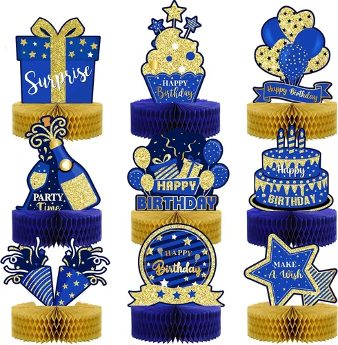 Gersoniel 9 piezas de decoración de mesa de feliz cumpleaños, centros de mesa de panal de abeja con purpurina, decoración de fiesta azul y dorada