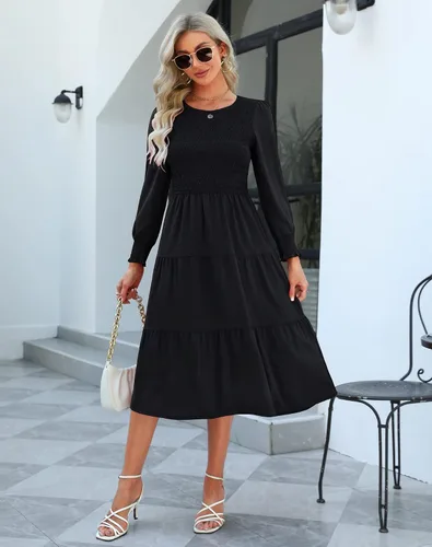 Miniatura 4 de Zattcas Vestido de otoño de manga larga para mujer 2023, corpiño fruncido y puños con lunares suizos, cuello redondo, escalonado, modesto, casual