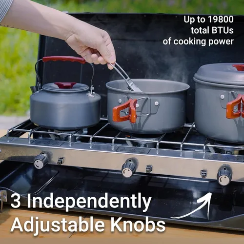 Miniatura 2 de FineFlame Estufa de campamento, estufa de campamento portátil de propano con regulador, botón de encendido instantáneo, quemadores ajustables