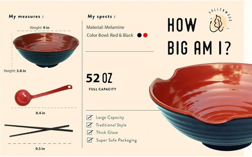 Miniatura 3 de Juego de 4 cuencos de ramen XL. 12 piezas Pho Bowls. Sopa japonesa asiática. Utensilio: cucharas y palillos. Melamina, grande 52 oz. Fideos, arroz
