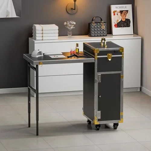 Miniatura 8 de Icoget Mesa de manicura portátil con ruedas para enseñanza de uñas, escritorio plegable de viaje con almacenamiento, mesa de manicura móvil
