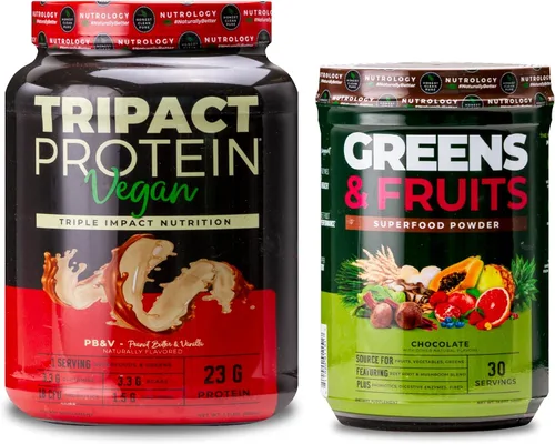 Nutrology Greens & Fruits - Superalimento de origen natural, chocolate (30 porciones) TRIPACT Proteína vegana en polvo, para batidos de proteínas