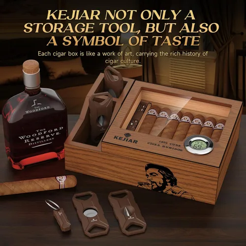 Miniatura 8 de KEJIAR Humidor de puros, estuche de escritorio de cedro con tapa de vidrio con 2 cajas de accesorios de humidor lateral con cortador de puros