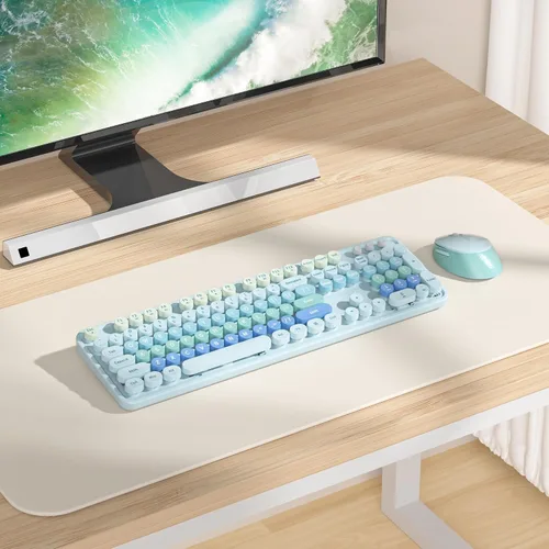 Miniatura 7 de Teclado y mouse azules, bonito combo de teclado y mouse inalámbricos, teclado de máquina de escribir de tamaño completo con teclado numérico, azul