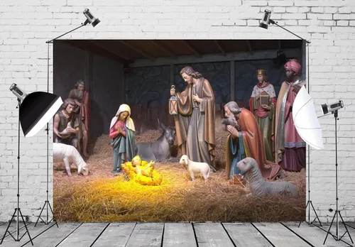 Miniatura 3 de BELECO Tela de Poliéster 5x3 pies Telón de Fondo de Fotografía de Escena de Natividad Navideña Escena del Pesebre Navideño Fondo Fotográfico