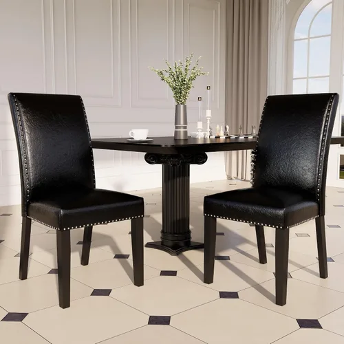 Parsons CY-1122-BK - Juego de 2 sillas de comedor con ribete de cabezas de clavo, asiento tapizado lateral de piel sintética para cocina, patas de