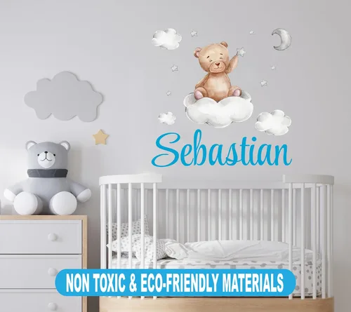 Miniatura 2 de Calcomanía de pared de oso de peluche con nombre personalizado, luna, estrellas, nubes, acuarela, decoración de habitación de bebé para niños