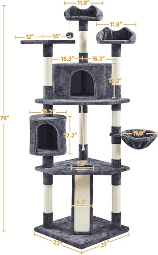 Miniatura 3 de Topeakmart Árbol para gatos grande de 79 pulgadas para gatos de interior, árbol para gatos de varios niveles con postes rascadores, cesta y postes