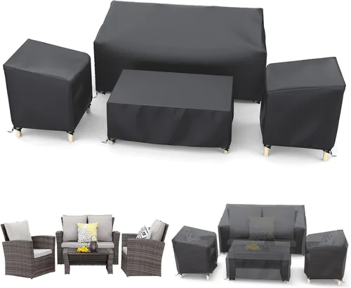 STARTWO Funda impermeable para muebles de patio al aire libre, juego de 4 piezas para sillas, sofá biplaza y mesa de centro, resistente 420D, negro