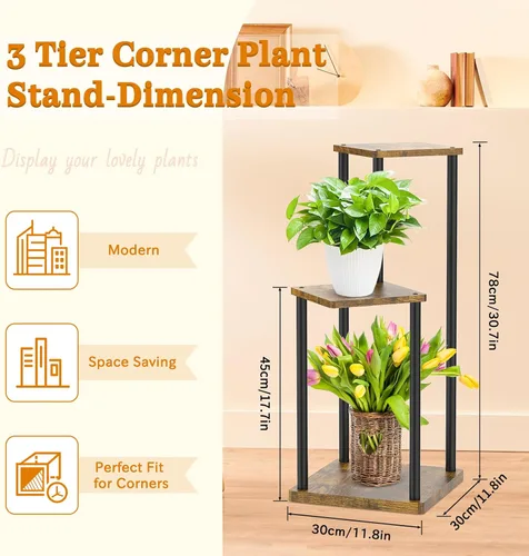 Miniatura 2 de Oppro Soporte para plantas de 3 niveles para interiores, soporte de esquina de metal de madera escalonada, soporte para macetas, estante de madera