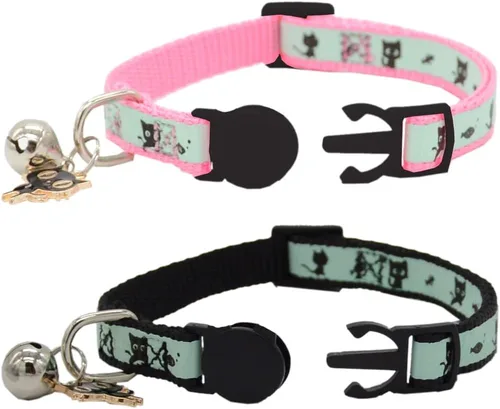 Miniatura 2 de Paquete de 2 collares para gatos que brillan en la oscuridad con campana, collares de seguridad para cachorros con colgante, negro y rosa