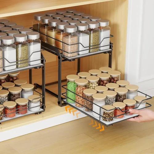 Miniatura 5 de Organizador de especias extraíble para gabinetes, estante de especias extraíble de 2 niveles, organizador de especias deslizante para gabinetes