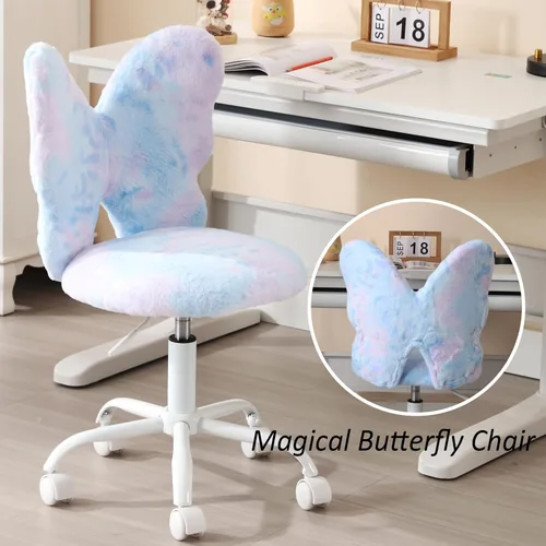 Miniatura 5 de Butterfly - Escritorio y silla para niños, ajustable, giratorio, peludo, azul, para el hogar, dormitorio, escuela, dormitorio