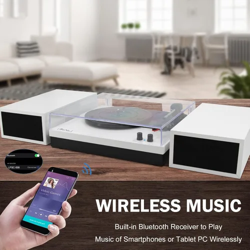 Miniatura 2 de LP&No.1 - Paquete de tocadiscos moderno con altavoces estéreo de estantería de doble potencia, preamplificador phono incorporado, transmisión por