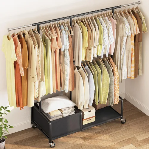 Miniatura 7 de Raybee Percheros para colgar ropa, perchero ajustable con ruedas bloqueables, estantes de almacenamiento, estante multifuncional para dormitorio