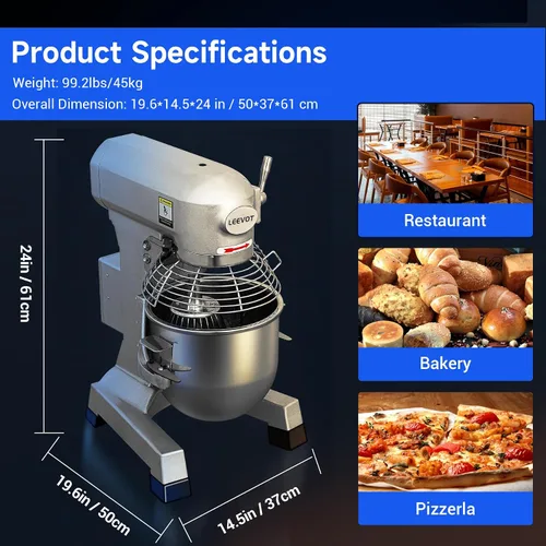 Miniatura 5 de 10Qt Mezclador de alimentos comercial con función de temporización, mezclador de pie industrial de 500W de 3 velocidades ajustables y cuenco