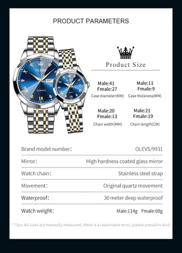 Miniatura 53 de OLEVS Juego de 2 relojes de cuarzo para parejas de San Valentín, calendario luminoso, ventana de fecha, 3 ATM, impermeable, casual, acero