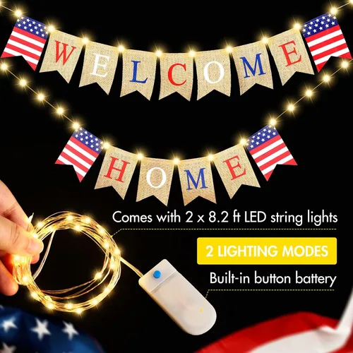 Miniatura 8 de Mudder Cartel de bienvenida al hogar del 4 de julio con decoración LED, cadena de luces de hadas, 2 modos de parpadeo, pancarta patriótica