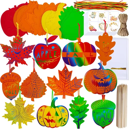 Winlyn Juego de 48 juegos de adornos de otoño de colores mágicos para rascar de otoño, hoja de arce, hoja de roble, calabaza, manzana, bellota, kits