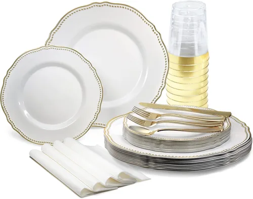 Miniatura 15 de OCCASIONS" Paquete de 50 platos (25 invitados) - Juego de platos de plástico desechables resistentes para fiestas de boda - 25 x 10.25'' para cena