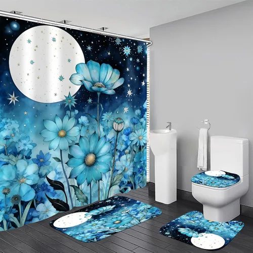 AZHM Juego de Cortina de Ducha Floral Azul con Luz de Luna de 4 Piezas Decoración de Baño Botánica Noche Estrellada con Alfombras Antideslizantes,