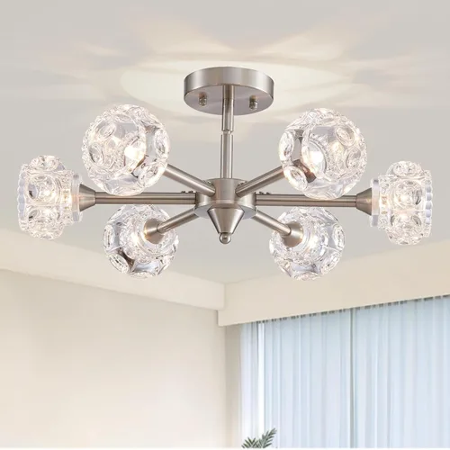 Miniatura 21 de XINGQI Lámpara de techo moderna de 6 luces, lámpara de montaje semiempotrado Sputnik, lámparas de araña doradas en negro para recámara, comedor