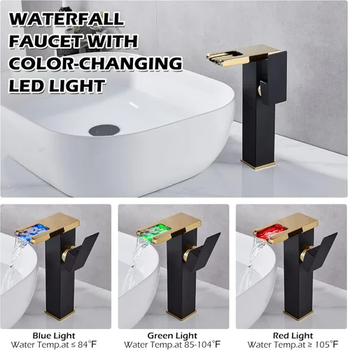 Miniatura 4 de Grifo para Lavabo Tipo Recipiente Cascada Dorado Negro de Un Solo Orificio con Desagüe Pop-Up Sin Rebosadero y Líneas de Suministro Grifos de Baño