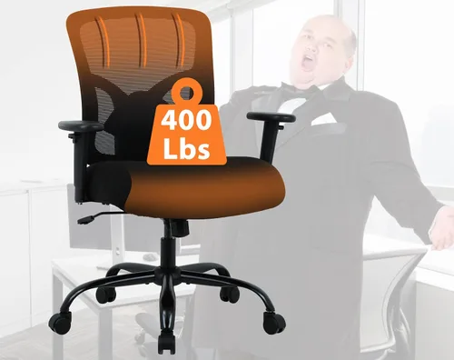 Silla de oficina ergonómica de malla grande y alta, capacidad de 400 libras, asiento grueso, soporte lumbar, reposabrazos ajustables, color negro