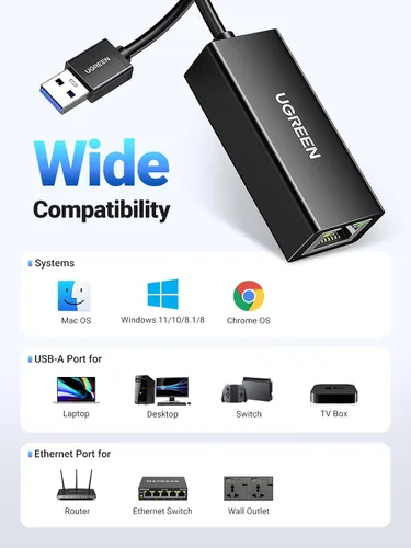 Miniatura 5 de UGREEN Adaptador USB a Ethernet, Adaptador Ethernet Plug and Play de 1000Mbps con USB 3.0, Sin Necesidad de Controlador, Dongle de Red LAN RJ45