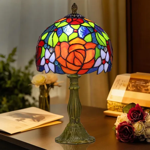Miniatura 6 de Tiffany Style Lamp Rose Flower Lámpara de mesa de vidrieras rosa roja 8 x 8 x 14 pulgadas lámpara de escritorio de oficina en casa luces decorar