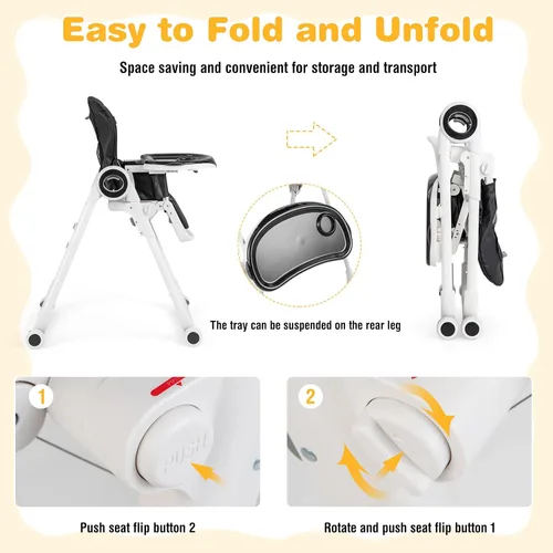 Miniatura 5 de BABY JOY Silla alta para bebés y niños pequeños, silla alta plegable con respaldo/reposapiés/altura del asiento, bandejas extraíbles dobles, cojín